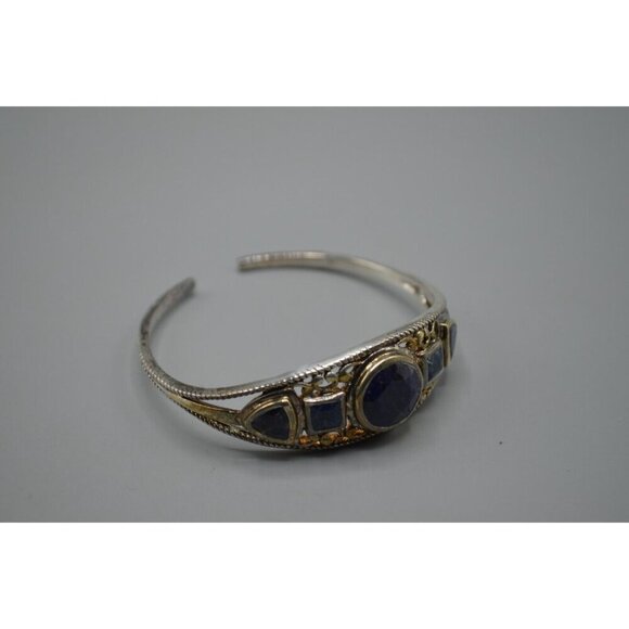 Navy Blue Stone Bangle Bracelet Sterling Silver 925 Filigree 23.03g 2.25" - Picture 2 of 8